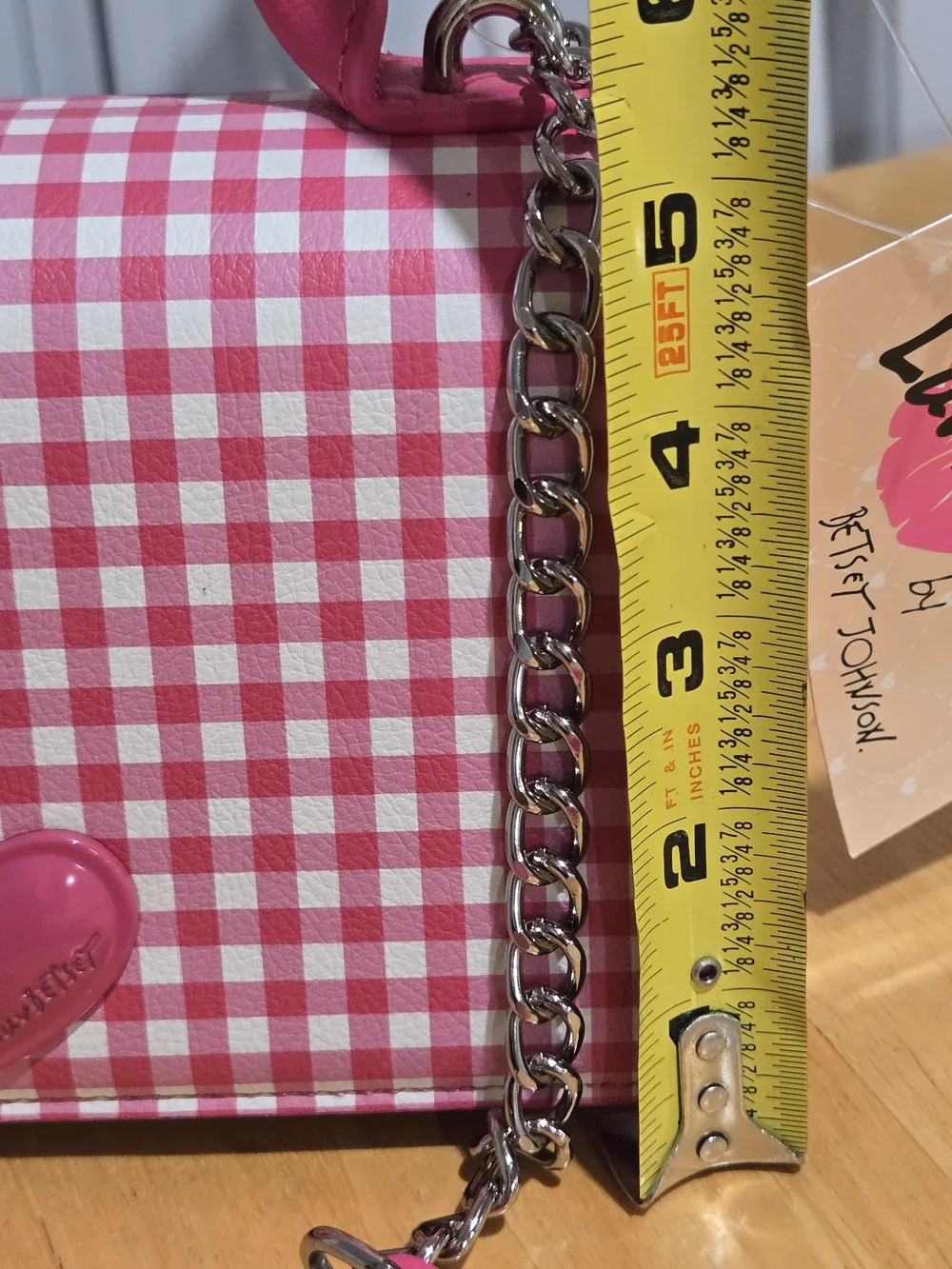 Pink Gingham Crossbody Bag with Heart Accent and Pearl Charm